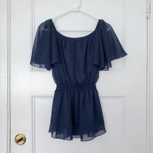 Navy Sheer Flutter Sleeve Peplum Top